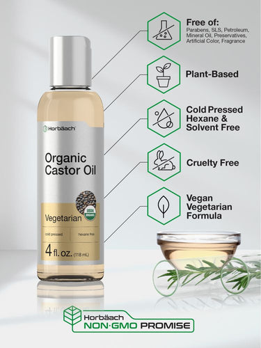 View 4 Bottle of Organic Castor Oil with certification icons on a light gray background