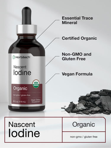 Bottle of Nascent Iodine supplement with certification labels on a gray background