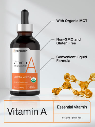 View 4 Horbaach Vitamin A supplement bottle with dropper on a gray background