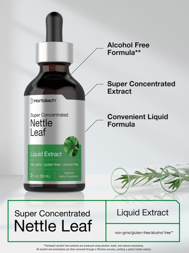 Super Concentrated Nettle Leaf Liquid Extract bottle with text highlighting features on a light gray background