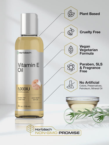 View 4 Bottle of vitamin E oil with product features highlighted