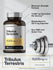 Bottle of Tribulus Terrestris supplement with gym weight illustration and text highlighting product details.
