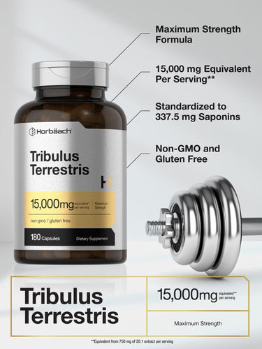 Bottle of Tribulus Terrestris supplement with gym weight illustration and text highlighting product details.