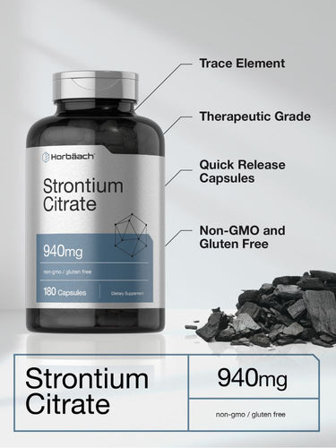 Bottle of Strontium Citrate supplement with labeled features on a gray background