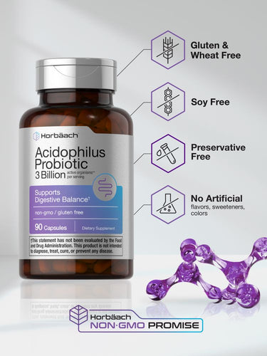 Bottle of Acidophilus Probiotic with features listed on a gray background