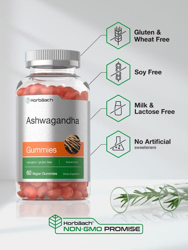 Bottle of Ashwagandha gummies with nutritional information on a white background.