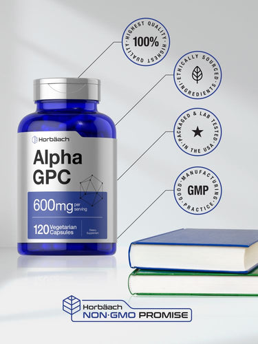 View 5 Horbaach Alpha GPC supplement bottle with certification logos on a light gray background