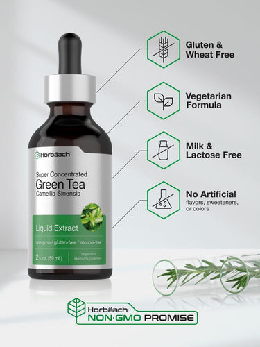 View 5 Bottle of Harbath Green Tea Liquid Extract with certification icons on a light gray background