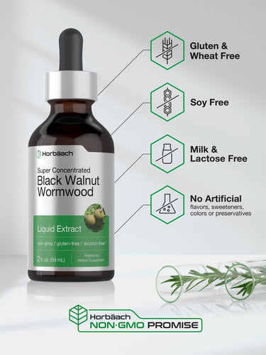 View 5 Bottle of black walnut wormwood liquid extract with product features highlighted.