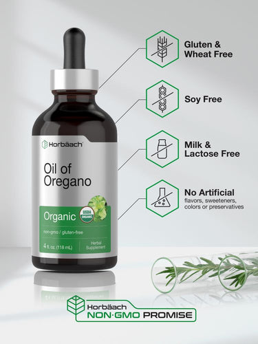 View 5 Bottle of Oil of Oregano with certification icons on a white background.