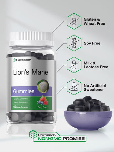 View 5 Bottle of Lion's Mane gummies with bowl of gummies and dietary free labels.