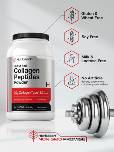 View 5 Collagen peptides powder container with gym equipment and certification icons.