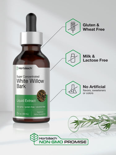 View 5 Bottle of white willow bark liquid extract with label and branding on a light background.