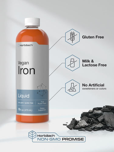 View 5 Bottle of Vegan Iron Liquid with health benefits listed on a gray background
