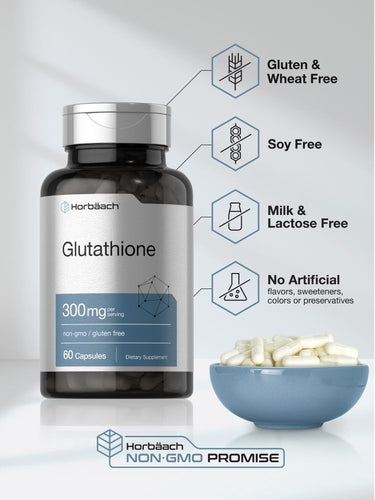 Glutathione supplement bottle with a bowl of capsules on a light gray background