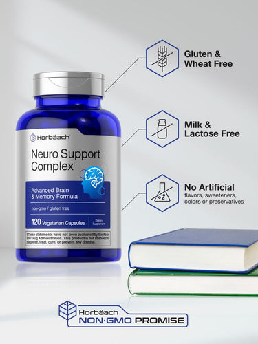 View 5 Horbaach Neuro Support Complex supplement bottle with features highlighted on a light gray background