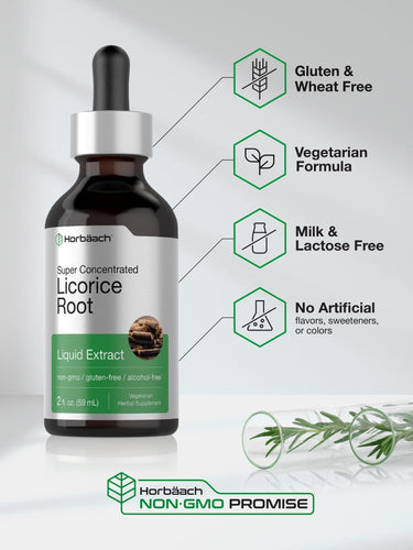 View 5 Herbaeich Licorice Root Liquid Extract bottle with product features on a light gray background