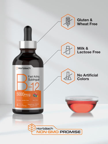 View 5 B12 supplement bottle with dropper, bowl of liquid, and branding elements on a light background.