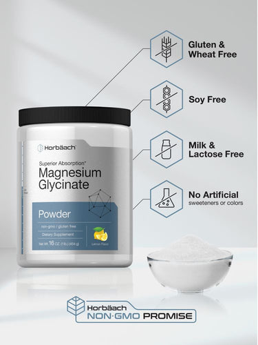 View 5 Container of magnesium glycinate powder with dietary freedom icons.