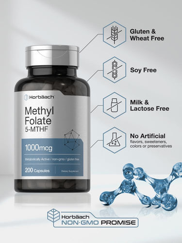 View 5 Bottle of Methyl Folate capsules with dietary benefits on a white background.