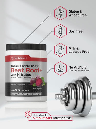 View 5 Beet root supplement container with fitness dumbbell on a light gray background