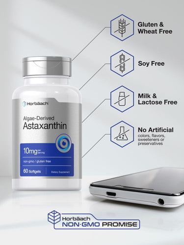 Bottle of astaxanthin supplement with allergen-free indicators and a smartphone.