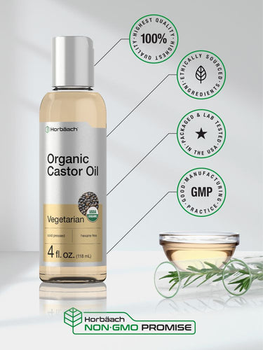 Bottle of Organic Castor Oil with certification logos on a light gray background