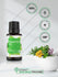 Bottle of peppermint oil with certification logos and herbs in the background