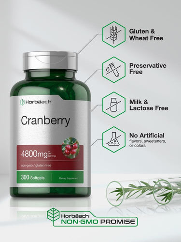 Green bottle of cranberry supplement with text highlighting properties on a white background.