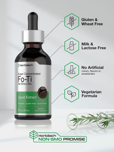 View 5 Bottle of Fo-Ti liquid extract with certification icons on a white background.