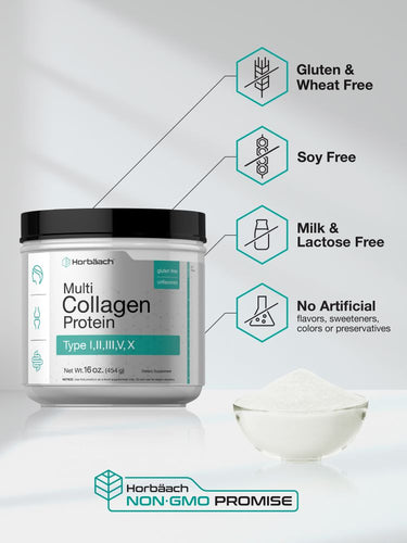 View 5 Container of multi collagen protein with product features highlighted on a white background.
