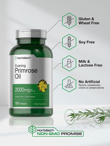 View 5 Green bottle of evening primrose oil with label details on a white background.
