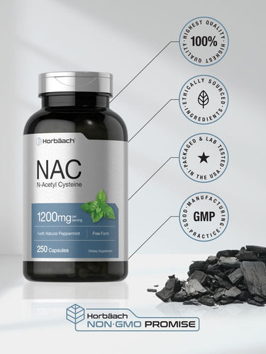 View 5 Bottle of NAC capsules with certification logos and text on a gradient background