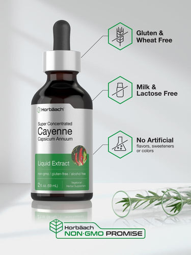 View 5 Bottle of Harbouch Cayenne Liquid Extract with certification icons on a light gray background