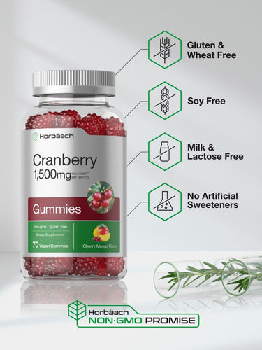 Bottle of cranberry gummies with nutritional information on a white background.
