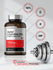 Supplement bottle with gym equipment and certification logos on a light background