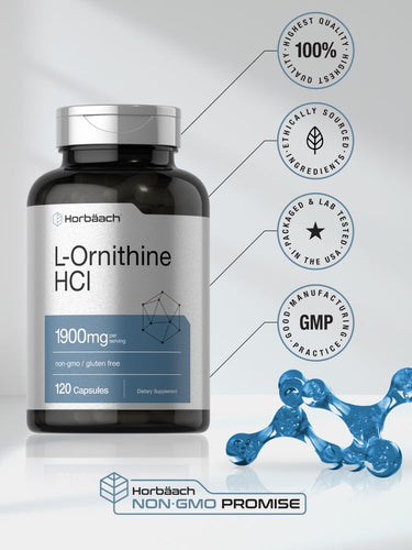 View 8 Bottle of L-Ornithine HCl supplement with branding and certification logos on a light gray background