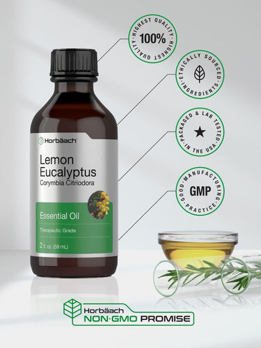 View 5 Horbaach Lemon Eucalyptus essential oil bottle with certification logos on a white background