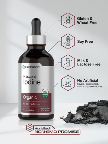 Bottle of Nascent Iodine with certification icons on a light gray background