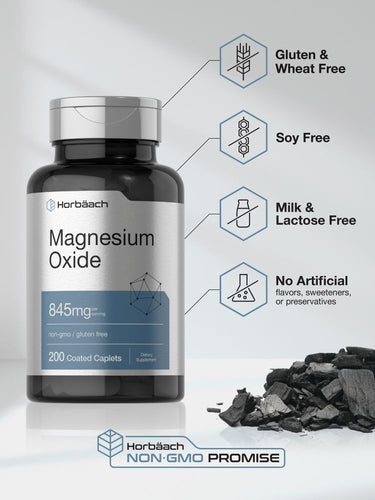 View 5 Bottle of Horbaach Magnesium Oxide supplement with product details on a light gray background