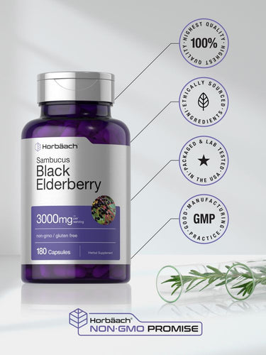 View 5 Bottle of Black Elderberry capsules with certification logos and text on a light background.