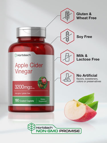 Bottle of apple cider vinegar capsules with label details and apple slice.