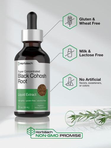 Bottle of Super Concentrated Black Cohosh Root Liquid Extract with certification icons on a light gray background