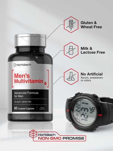View 5 Men's multivitamin bottle with digital watch on a gray background