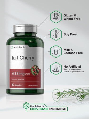 Horbach Tart Cherry supplement bottle with certification icons on a light gray background