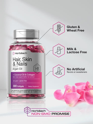 View 5 Bottle of Hair, Skin & Nails supplement with pink capsules and product features on a light background.