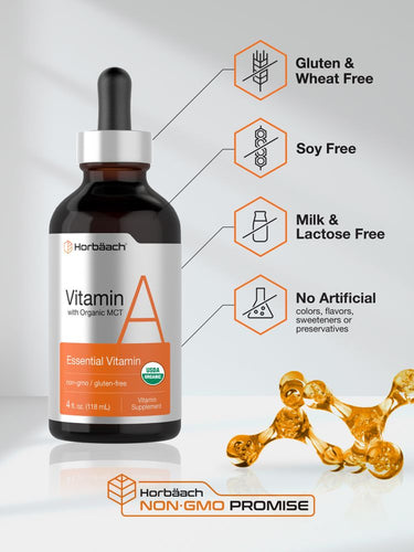 View 5 Vitamin supplement bottle with dropper labeled 'Horbaach' on a light gray background.