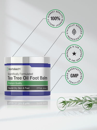 View 5 Horbach Tea Tree Oil Foot Balm jar with certification logos on a white background