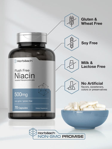 View 5 Niacin supplement bottle with a bowl of capsules on a light gray background