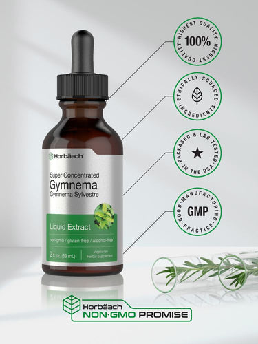 Bottle of Gymnema Sylvestre extract with certification logos and text.